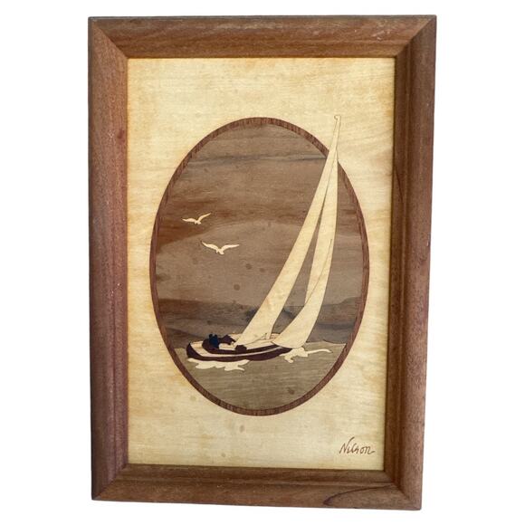 Hand Crafted Wood Inlay Sailboat Wall Hanging Art by Nelson Vintage - Picture 1 of 10